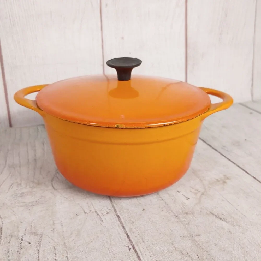 VINTAGE Cousances #16 ENAMELED Cast Iron Sauce Pan - Pot Orange w/ Lid - France